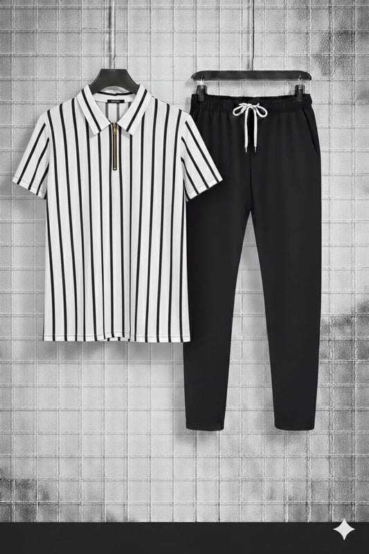 Men Black Striped Jersey Track Suit with White Sneakers