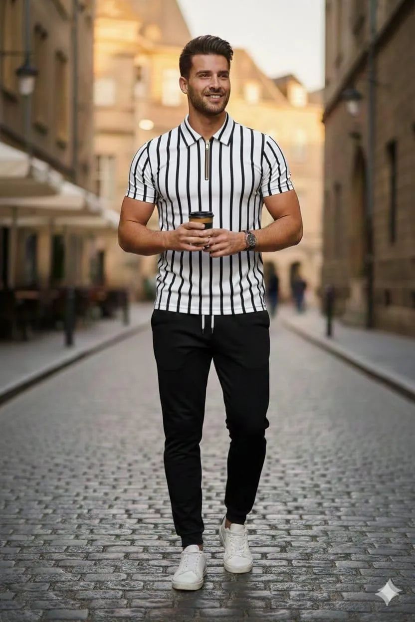 Men Black Striped Jersey Track Suit with White Sneakers