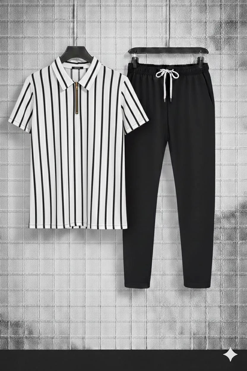 Men Black Striped Jersey Track Suit with White Sneakers